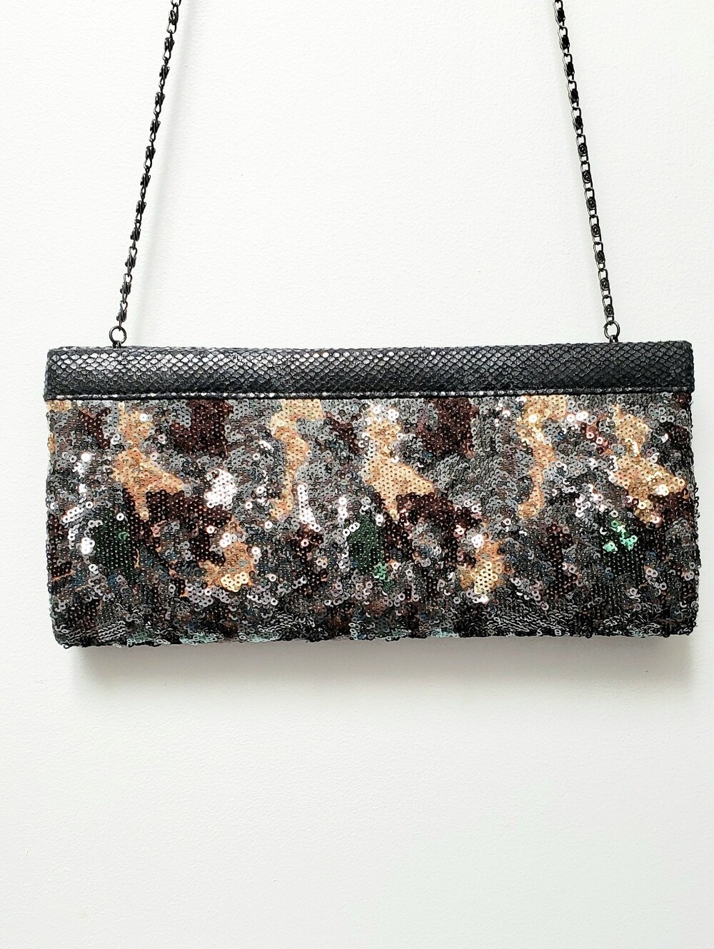 Big Buddha Santa Barbara Camo Sequins Black Gold Green Evening Clutch Chain